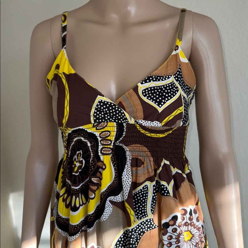 100% Cotton Speed Control Yellow, and Brown Floral Maxi Dress Size Medium. - Picture 3 of 12